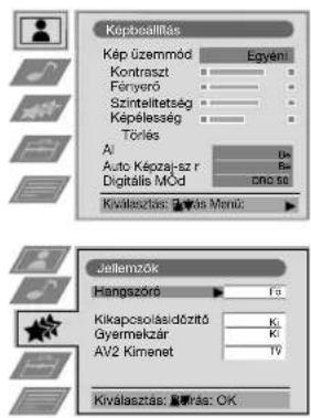 Képbsallítás Kép üzemmód Egyén Kontraszt Fényerő Szintellitetség Képélesség Törlés Al Auto Képzaj-sz r Digitalis MÓd cno. sz Kiválasztás: Vórs Monú: Jellenzők Hangszörő F6 Kikapcsolásidőztő Ki Gyermekzár Ki AV2 Kimenet TV Kiválasztás: 00% és: OK