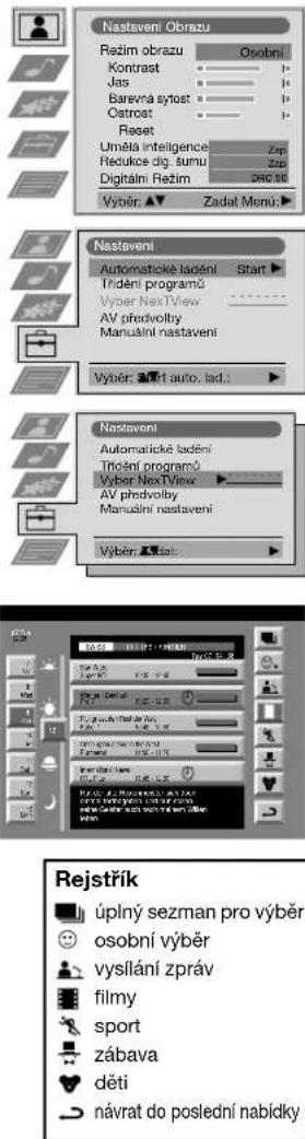 Nastaveni Obrazu Režim obrazu Osobní Kontrast Jas Barevná sytost Ostrost Reset Uměta intelligence Zap Redukce dig. sumu Zap Digitalní Režim zadat Menů. Výběr: ▲ Zadal Menů. Nastaveni Automatické ladění Start ▲ Trídění programů Vyber NexView AV předvolby Manualní nastaveni Výběr: ■1 auto. lad.: ▲ Nastaveni Automatické ladění Trídění programů Vyber NexView AV předvolby Manualní nastaveni Výběr: ■2 dot: Rejstřík úplný sezman pro výběr osobní výběr vyslání zpráv filmy sport zábava děti návrat do poslední nabídky
