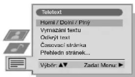 Teletext Horní / Doiní / Pliný Vymazání textu Odkrýt text Čascovací stránka Přehledn stránek... Výběr: ▲▼ Zadať Menu: ▶