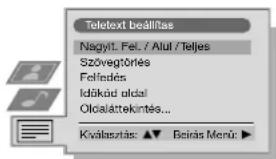 Teletext beállítás Nagyti. Fel. / Alul / Teljes Szövegtörles Felindés Időkúd olcál Olcáláttekintés... Kvábsztás: ▲▼ Beirás Menú: ▶