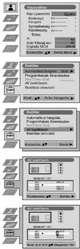 Képbealtítás Kép üzemmód Egyési Kontraszt Fényerő Szintellitetség Képólisség Törlés Auto Képzaj-sz r Digitalis MÓd CRO 50 Kiválasztás: ▲ Belás Menő: Bealítás Automatikus hangolás Start Programhelyek Árendezése NextView kivál. AV beállítások Beállítási útmutató Kivál.: ▲ Auto Hangolás: Bealítás Automatikus hangolás Programhelyek Árendezése NextView kivál. AV beállítások Beállítási útmutató Kiválasztás: ▲ Belás: AV beállítások BEMENET NÉV A1 A2 A3 A4 MID-2 MID-3 MID-4 Kiválasztás: ▲ Belás: AV beállítások BEMENET NÉV A1 A2 A3 A4 MID-2 MID-3 MID-4 Kivál. A-Z, D-P, ▲ Megerott, OK