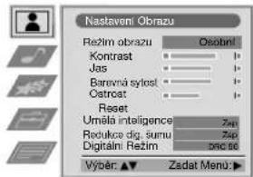 Nastaveni Obrazu Režim obrazu Osobníl Kontrast Jas Barevná sýlosť Ostrat Reset Uměla inteligence Zan Redukce dig. sumu Zap Digitalní Režim 200,00 Výber ▲ Zadat Menu ▶