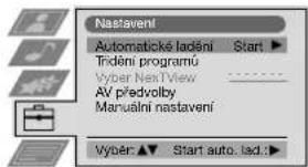 Nastavení Automaticke ladění Start ▶ Trídni programů Vyber NextView AV predvolby Manualní nastavení Výběr ▶ Start auto. lad. ▶