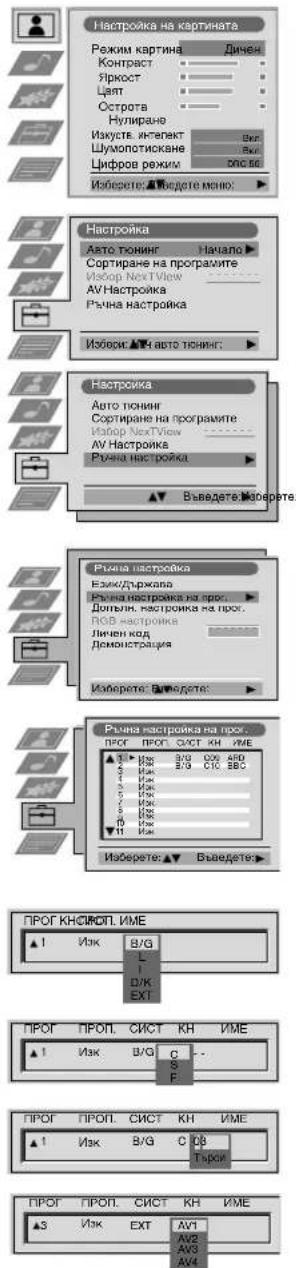 Настройка на картината Режим картина Дичен Контраст Яркост Цаят Остротв Нулиране Изакуст. интект Векл Шумопотискане Векл Цифров режим спс BE Изберете: ▲▼Бедете меню: Настройка Авто тюжинг Начало Сортране на програмите Избор NextView AV Настройка Ръчна настройка Изборик ▲▼АUTO ТЮЖИНГ: Настройка Авто тюжинг Сортране на програмите Избор NextView AV Настройка Ръчна настройка ▼▼ Въведете:Изберете: Ръчна настройка Визки/държава Ръчна настройка на прох. Долями, настройка на прох. ПОВ настройка Личен код Демонстрация Изберете: Въведете: Ръчна настройка на прох. ПРОГ ПРОГ СИСТ КН ИМЕ 3 1/2 3/0 200 A50 3 1/2 3/0 200 C10 B50 3 1/2 3/0 200 C10 B50 3 1/2 3/0 200 C10 B50 3 1/2 3/0 200 C10 B50 3 1/2 3/0 200 C10 B50 3 1/2 3/0 200 C10B50 3 1/2 3/0 200 C10 B50 3 1/2 3/0 200 C10 B50 3 1/2 3/0 200 C10 B50 3 1/2 3/0 200 C10 B50 3 1/2 3/0 200 C10 D50 3 1/2 3/0 200 C10 D50 Изберете: ▲▼ Въведете: ПРОГ КНСИМОП. ИМЕ 1 Изк В/З L D/K EXT ПРОГ ПРОП. СИСТ КН ИМЕ 1 Изк В/З C - - S F ПРОГ ПРОП. СИСТ КН ИМЕ 1 Изк В/З C OB Турог ПРОГ ПРОП. СИСТ КН ИМЕ 3 Изк EXT AVI AVI AVI AVI