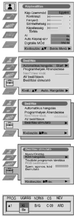 Képbeállítás Kép üzemmód Egyéni Kontraszt Fényerő Szintellitetség Képélesség Törlés Törlés Auto Képzaj-sz r Digitális MÓd Sno. 50 Kiválasztás: ▲ Beirás Monú: Beállítás Automatikus hangolás Start Programhelyek Atrendezése NextView kivál. AV beállítások Beállítási útmutató Kivál.: ▲ Auto. Hangolás: Beállítás Automatikus hangolás Programhelyek Atrendezése NextView kivál. AV beállítások Beállítási útmutató Kiválasztás: ▲ Beirás: Beállítás utmutató NyelőOrázág Kető hangolás További programok tárolása RGB beállítások Szem. azonos, kód Bemutató Kiválasztás: ▲ Beirás: PROG UGRÁS NORMA CS NEV 1 Ki B/G C 09 ARD Be