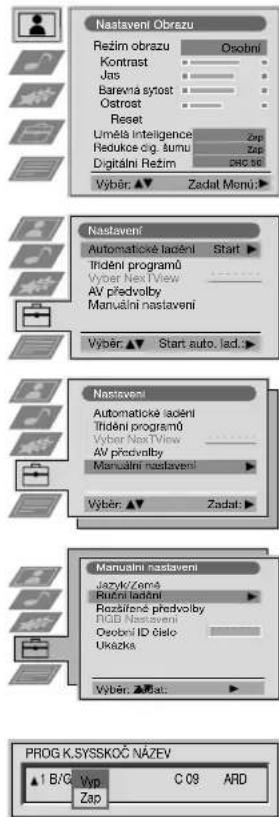 Nastavení Obrazu Režim obrazu Osobní Kontrast Jas Barevná sytost Ostrost Reset Uměla inteligence Zip Redukce og. šumu Zap Digitální Režim CHC 50 Výběr: ▲ Zadat Monú: Nastavení Automatické lacení Start ▶ Ithídni programů Vyber Nex View AV předvolby Manualní nastavení Výběr: ▲ Start auto. lad. Nastavení Automatické lacení Ithídni programů Vyber Nex View AV předvolby Manualní nastavení Výběr: ▲ Zadat: Manualní nastavení Jazyk/Zamá Razelná latení Rezilání predvolby POB Nasstavení Osobní ID číslo Uklázka Výběr: ▲ Zadat: PROG K.SYSSKOC NÁZEV ▲ B/C Vyp C 09 ARD Zap