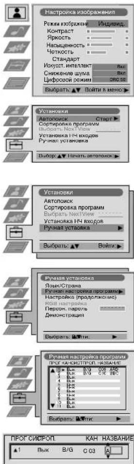 Настройка изображения Режим изображение Индивид. Контраст Яркость Насыщенность Четкость Стандарт Искуст. интеллект Вал Снижениев шума Вал Цифровой режим СИС 50 Выбрать ▲ ▼ Войти в меню> Установки Автопосик Старт Сортировка программ Выборать Next View Установка НЧ входов Ручная установка Выборать ▲ ▼ Войти> Установки Автопосик Сортировка программ Выборать Next View Установка НЧ входов Ручная установка Выборать ▲ ▼ Войти> Ручная установка Языко/Страна Ручная настройка программ Настройка (продолжности) RGB настройка Пересн. пароль Демонстрация Выборать ▲ ▼ Войти Ручная настройка программ ПРОГ ХА-СИСТРОГ. ИЗВАНТЕ Прог СИСТРОГ. КАН НАЗВАНИЕ 1 Вык B/G C 03 A