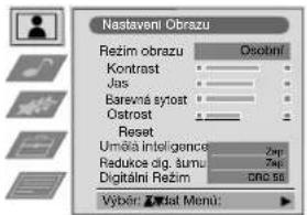 Nastaveni Obrazu Režim obrazu Osotní Kontrast Jas Barevná sytoat Ostrost Reset Uměřa inteligence Zup Redukce alg. sumu Zup Digitální Režim cno 56 Výber: Žrdat Menu: