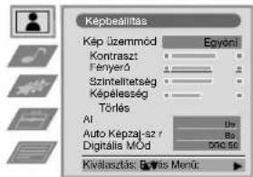 Képbeállítás Kép üzemmód Eoyönl Kontraszt Fenyerő Szintellitetség Képélesség Törles AI Auto Kepzaj-sz r Digitalis Mód 500.50 Kivelasztás: Béras Menu: