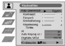 Képbeállítás Kép szemmód > Egyéní Kontraszt Fanyerő Szintellitetség Képeleaség Tóles AI Auto Kepzal-sz r Digitalis Mód Kévalasztás; Bérás: >