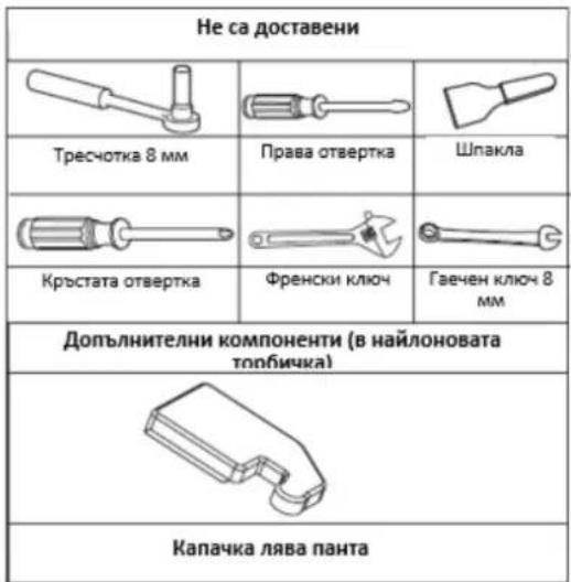 Не са доставени Тресчотка 8 мм Права отвертка Шпакла Кръстата отвертка Френски ключ Гаечен ключ 8 мм Допълнителни компоненти (в найлоновата топбичка) Капачка лява панта