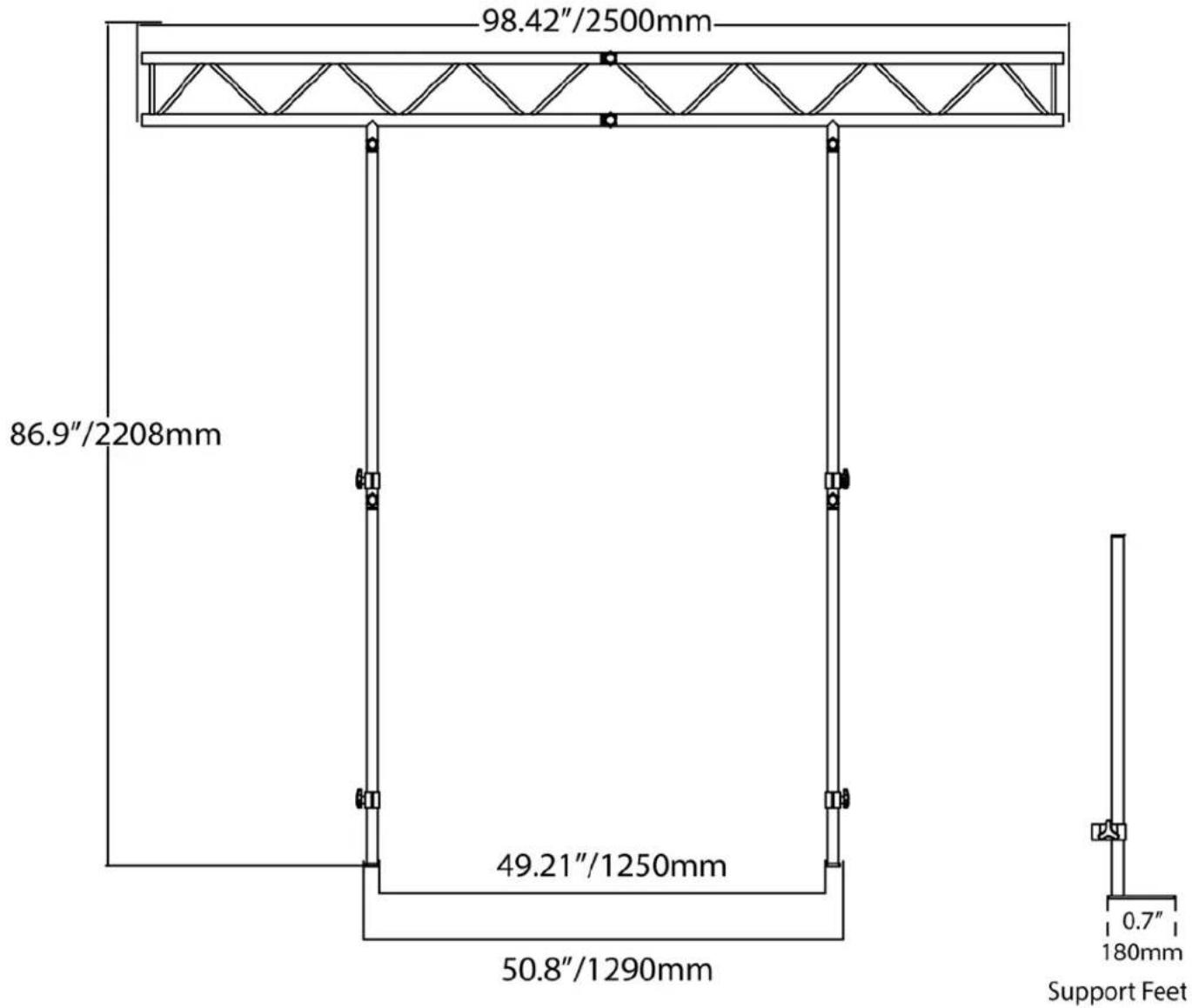 98.42"/2500mm 86.9"/2208mm 49.21"/1250mm 50.8"/1290mm 0.7" 180mm Support Feet