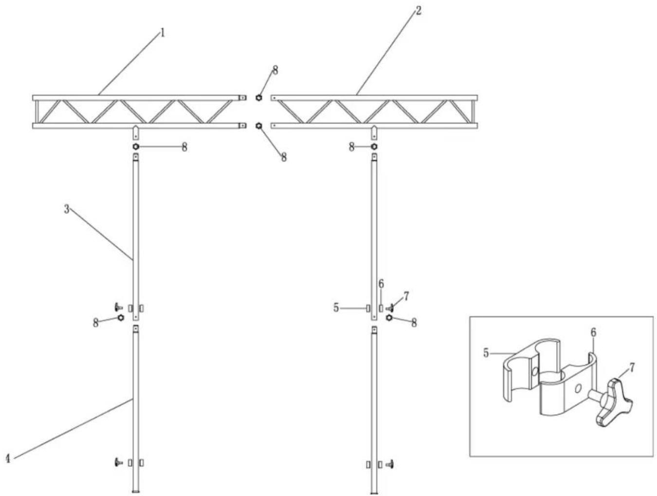 Technical diagram of a structural support frame assembly with numbered components and an inset close-up of the component detail.
