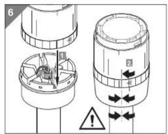 Technical diagram showing mechanical assembly with labeled components and warning symbol