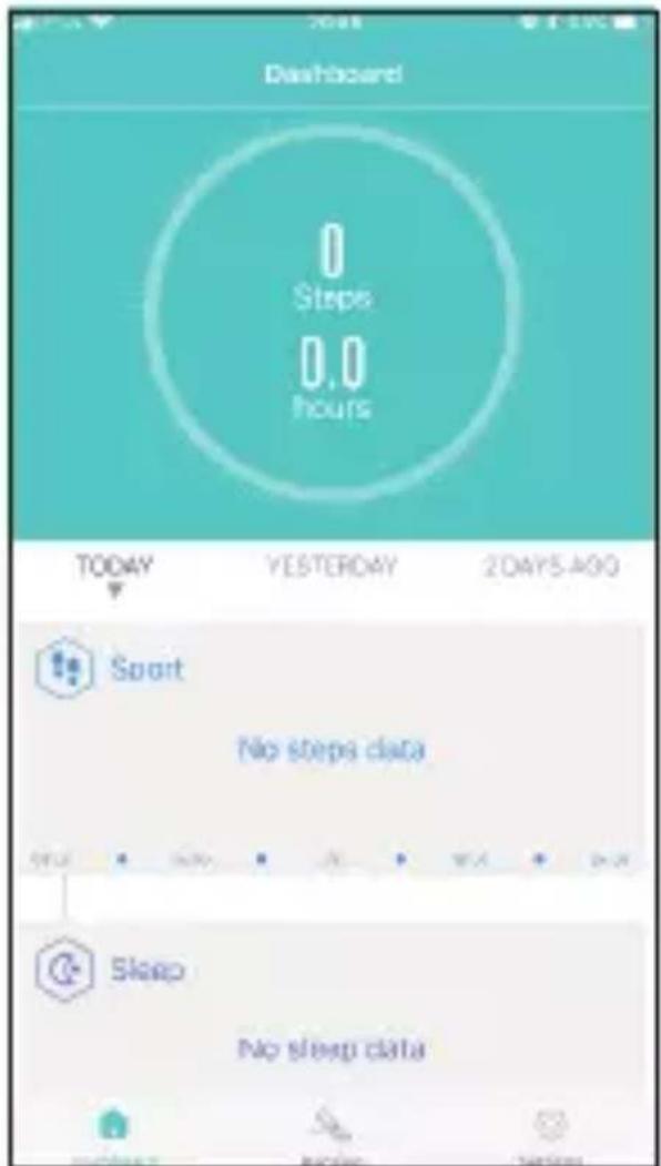 Dashboard Steps 0.0 hours TODAY YESTERCAY 2015-00 Sport No steps data Sleep No sleep data