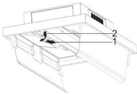 Technical diagram of a mechanical device with labeled components 1 and 2, showing internal structure and directional arrow.