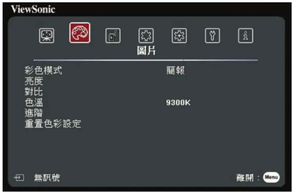 ViewSonic 圖片 彩色模式 簡報 亮度 對比 9300K 色溫 進階 重置色彩設定 無訊號 離開:Menu