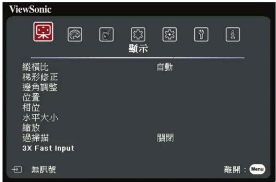 ViewSonic 顯示 縱橫比 自動 梯形修正 邊角調整 位置 相位 水平大小 縮放 過掃描 關閉 3X Fast Input 無訊號 離開:Menu