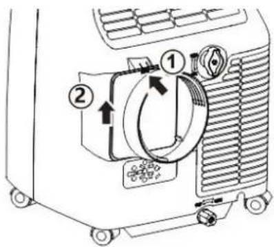 Diagram of a gasifier or air conditioner unit with labeled components and directional arrows indicating flow or movement.