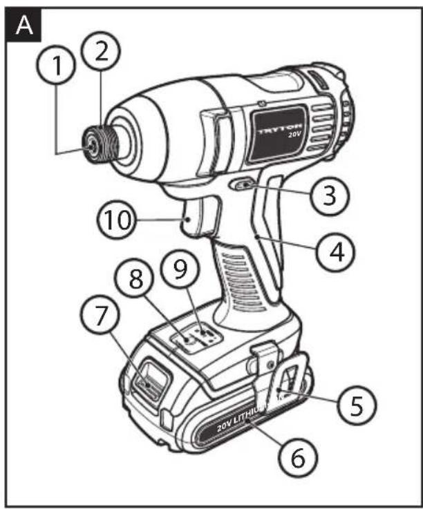 A 1 2 TRYTON 20V 3 4 10 8 9 7 5 6 20V LITHULUM