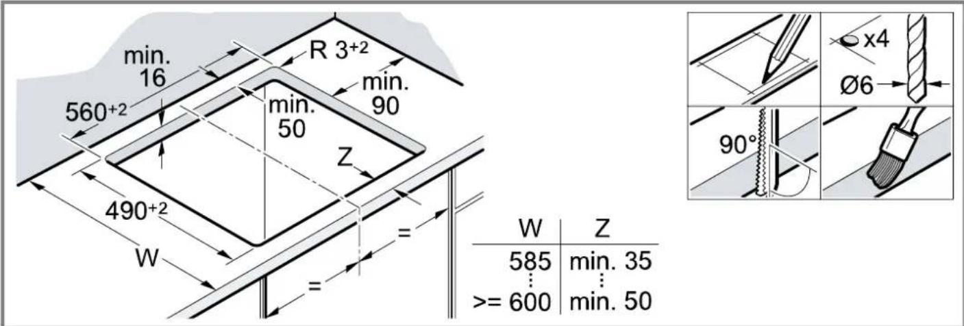 min. 16 560+2 R 3+2 min. 90 min. 50 Z 490+2 W = = W | Z 585 min. 35 ⋮⋮ >= 600 min. 50 x4 Ø6 90°