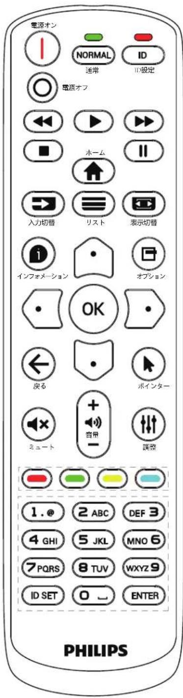 電源オン NORMAL ID 通常 ID設定 電源オフ ホーム 入力切着 リスト 表示切着 インフォメーション オプション OK 戻る ボインター ニュート 音量 調整 1. @ 2 ABC DEF 3 4 GHI 5 JKL MNO 6 7 PQRS 8 TUV WXYZ 9 ID SET 0 ~ ENTER PHILIPS