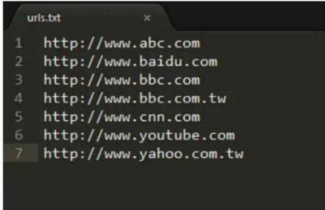 urls.txt 1 http://www.abc.com 2 http://www.baidu.com 3 http://www.bbc.com 4 http://www.bbc.com.tw 5 http://www.cnn.com 6 http://www.youtube.com 7 http://www.yahoo.com.tw