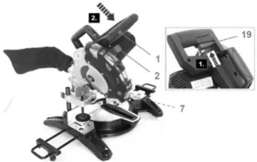 Technical diagram of a power saw cutting machine with labeled parts and an inset showing component details