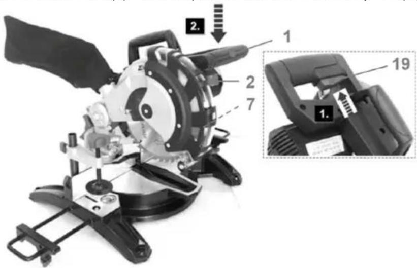 Technical diagram of a power saw assembly with numbered parts and an inset showing close-up details.