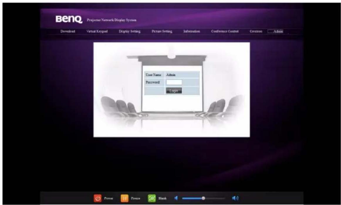 BenQ Projector Network Display System Download Virtual Keypad Display Setting Picture Setting Information Conference Control Creation Adani User Name Admin Password Login Power Tools Black