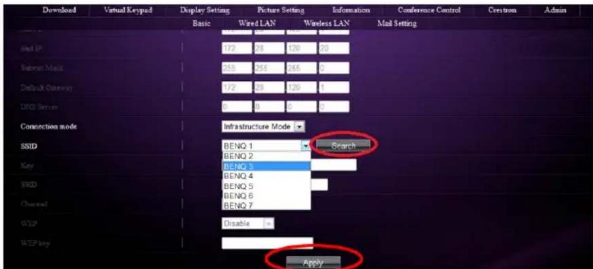 Download Virtual Keypad Display Setting Picture Setting Information Conference Control Crestron Admin Basic Wired LAN Wireless LAN Mail Setting Red IP 172 28 120 20 Subnet Mask 255 255 265 0 Default Gateway 172 28 120 1 DNS Server 0 0 0 0 Connection mode Infrastructure Mode SSID BENQ 1 BENQ 2 BENQ 3 BENQ 4 BENQ 5 BENQ 6 BENQ 7 WIP Disable WEP key Apply