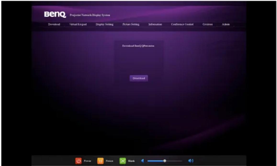BenQ Projector Network Display System Download Virtual Keypod Display Setting Picture Setting Information Conference Control Creation Admin Download BenQ QProester Download Power Firebox Black