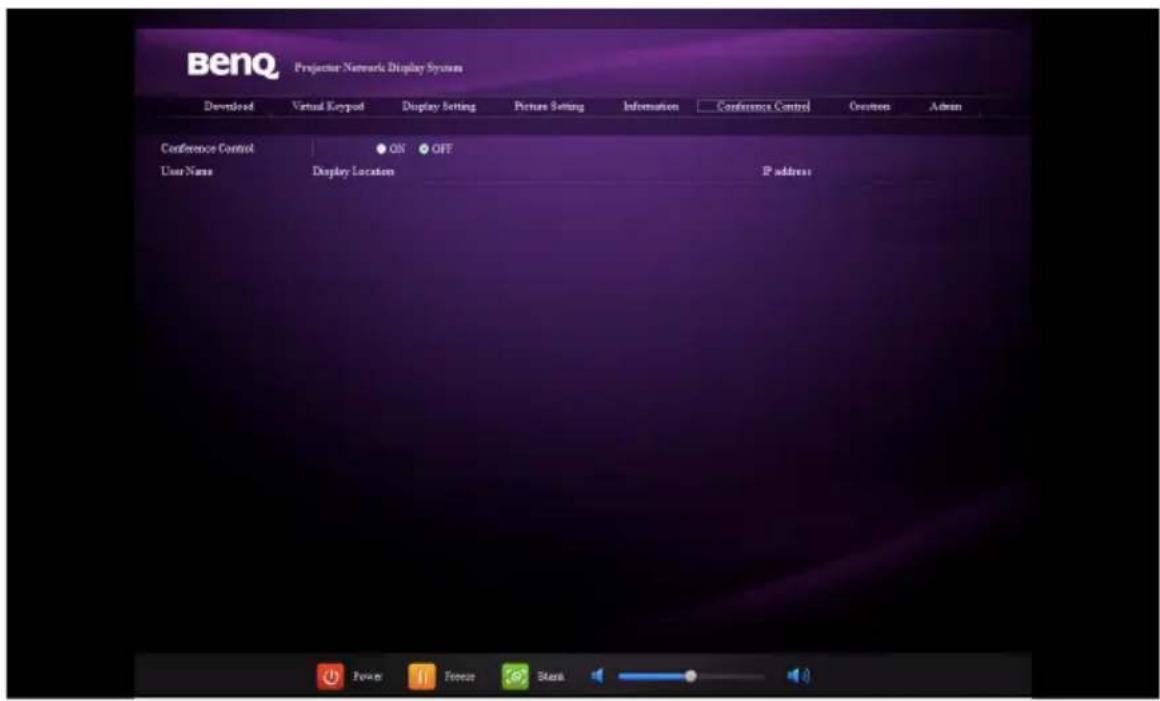 BenQ Projector Network Display System Download Virtual Keypad Display Setting Picture Setting Information Conference Control Creation Admin Conference Control ON OFF User Name Display Location P address Power Freeze Stark