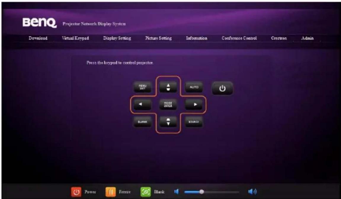 BenQ Projector Network Display System Download Virtual Keypad Display Setting Picture Setting Information Conference Control Crestron Admin Press the keypad to control projector. PENJ OUT AUTO HOME UNITER BLANK SOURCE Power Freeze Blank