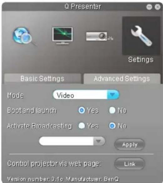 Q Presenter Settings Basic Settings Advanced Settings Mode Video Boot and launch Yes No Activate Broadcasting Yes No Apply Control projector via web page: Link Version number: 0.1c Manufacturer: BenQ