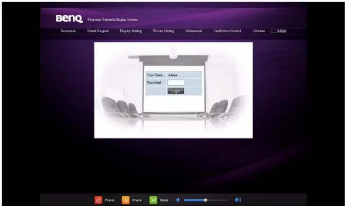 BenQ Projector Network Display System Download Virtual Keypad Display Setting Picture Setting Information Conference Control Creation Admin User Name Admin Password Login Power Fitness Black