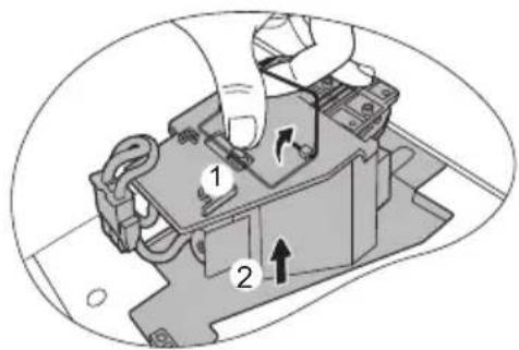 Diagram showing a hand operating a device with labeled parts and directional arrows indicating movement or operation.