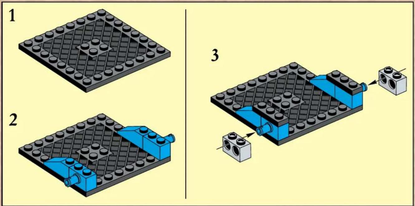 Diagram illustrating three steps of assembling a LEGO brick structure, showing step 1, step 2, and step 3 with blue components and a close-up view.
