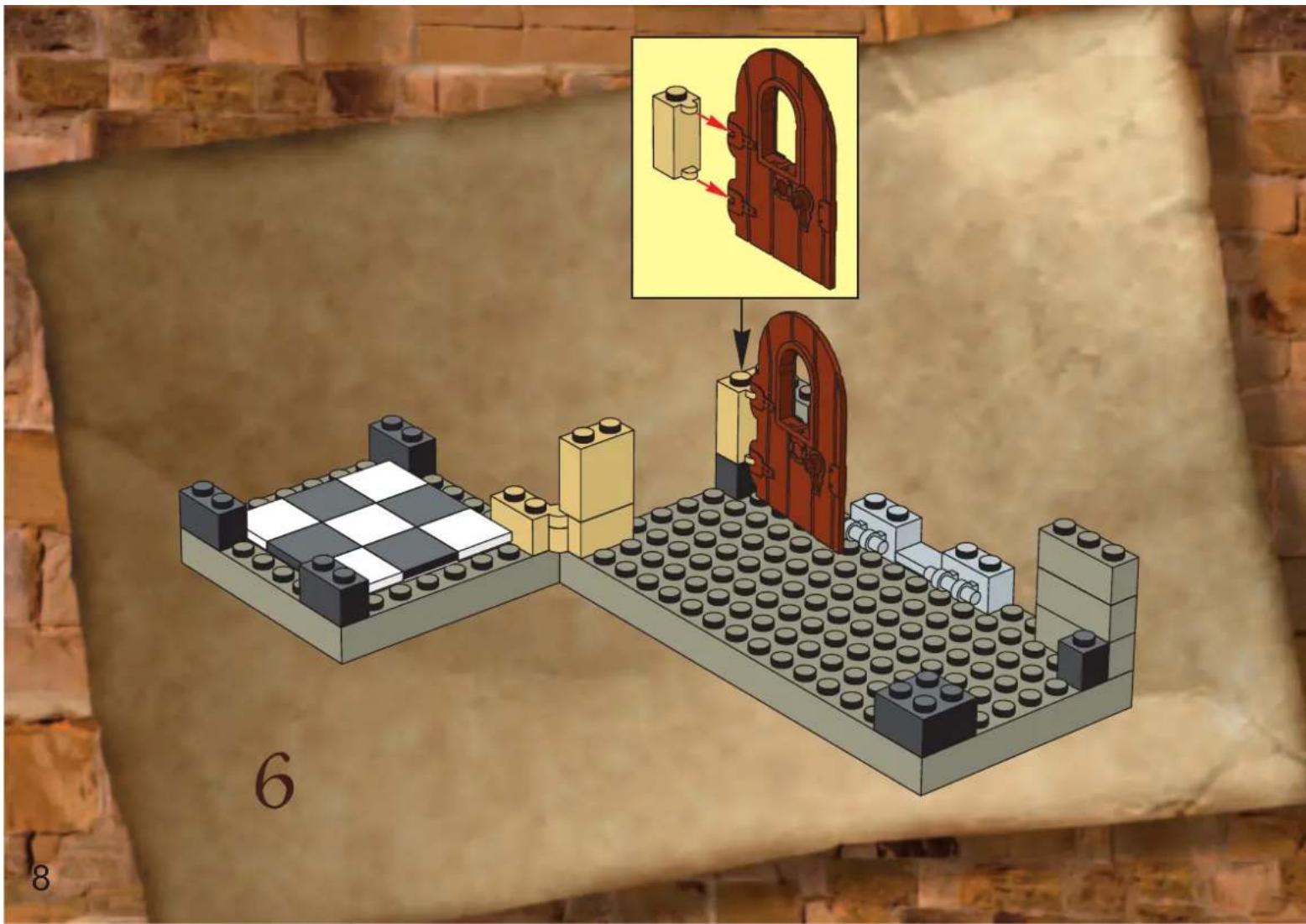 Lego assembly diagram showing brick wall construction with a magnified view of a door mechanism and labeled components