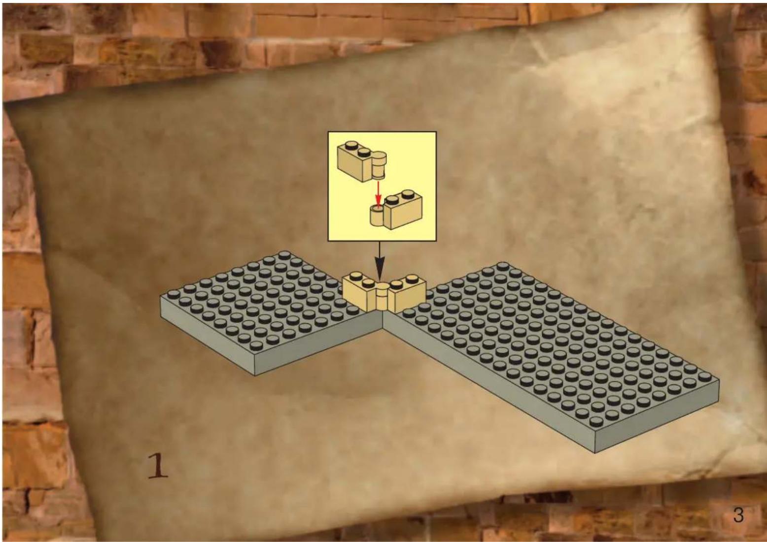 Diagram illustrating a mechanical assembly with two LEGO blocks and a magnified inset showing a component being inserted into a base block.