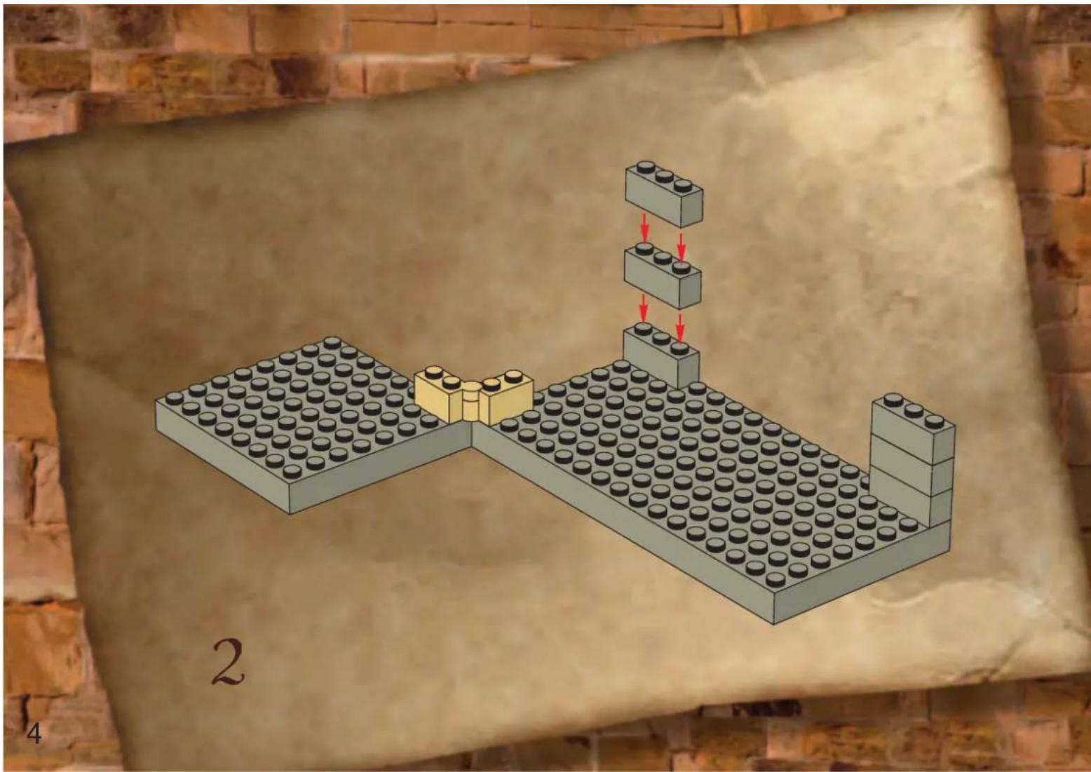 Illustration of a LEGO structure with numbered steps and directional arrows indicating movement or assembly.