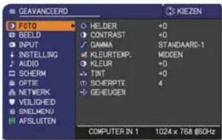 GEAVANCEERD FOTO BEELD INPUT INSTALLING AUDIO SCHERM OPTIE NETWORK VEILIGHED SNELMENU AFSLUITEN HOLDER +0 CONTRAST +0 GAMMA STANDAARD-1 KLEURTEMP. MIDDEN KLEUR +0 TINT +0 SCHERPTE 4 GEHEUGEN COMPUTER IN 1 1024 x 768 @50Hz