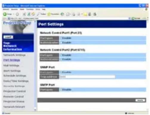 Projection Info - Microsoft Access System Project Settings Port Settings Network Control Port1 (Port:35) Outspan: Enable Authentication: Enable Network Control Port2 (Port:9715) Outspan: Enable Authentication: Enable SMTP Port Outspan: Enable Trip address: 1004 SMTP Port Outspan: Enable System