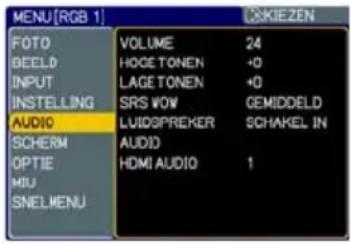 MENU[RGB 1] FOTO BEELD INPUT INSTELLING AUDIO SCHERM OPTIE MIU SNELMENU VOLUME HOCE TONEN LAGE TONEN SRS VOW LUIDOPREKER AUDIO HDMI AUDIO 24 +0 +0 GEMIDDELD SCHAKEL IN 1 OSKIEZEN