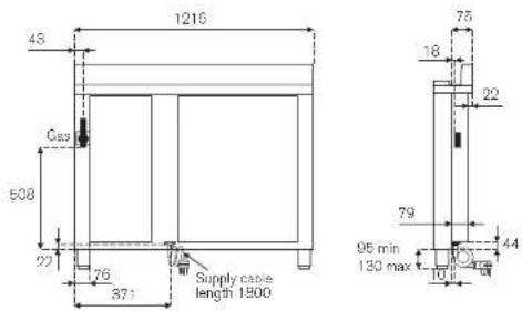 1216 43 508 22 76 371 Supply cable length 1800 75 18 22 79 95 min 130 max 44 10