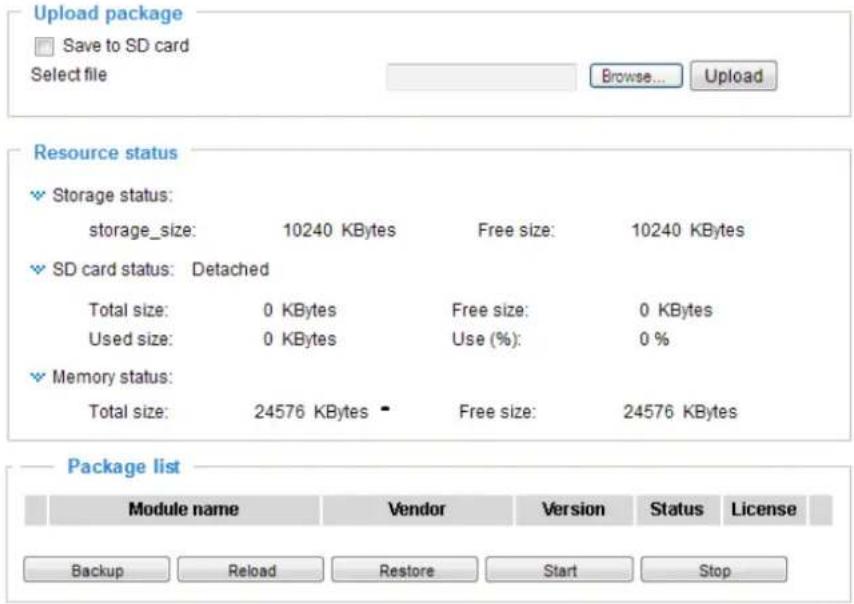 Upload package Save to SD card Select file Browse... Upload Resource status Storage status: storage_size: 10240 KBytes Free size: 10240 KBytes SD card status: Detached Total size: 0 KBytes Free size: 0 KBytes Used size: 0 KBytes Use (%): 0 % Memory status: Total size: 24576 KBytes Free size: 24576 KBytes Package list Module name Vendor Version Status License Backup Reload Restore Start Stop