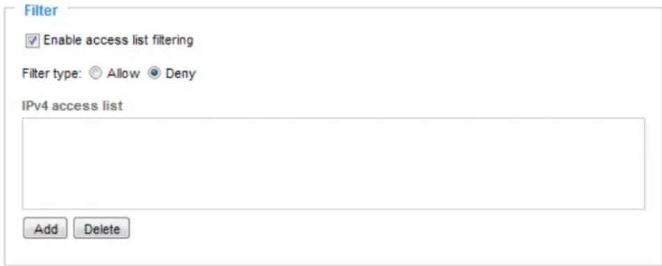 Filter ✓ Enable access list filtering Filter type: ○ Allow ● Deny IPv4 access list Add Delete