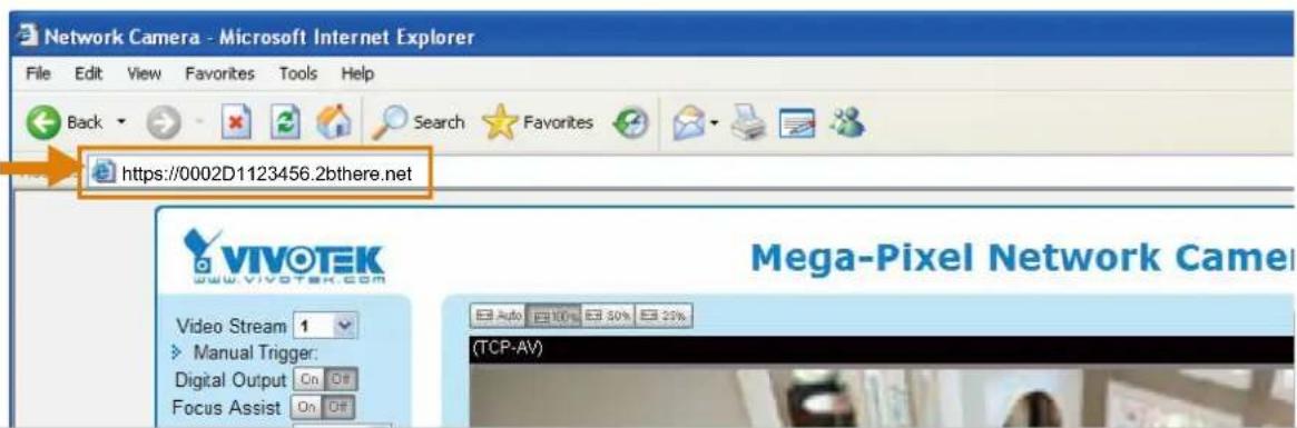 Network Camera - Microsoft Internet Explorer File Edit View Favorites Tools Help Back Search Favorites https://0002D1123456.2bthere.net Video Stream 1 Manual Trigger: Digital Output On Off Focus Assist On Off VIVOTEK www.vivotek.com Mega-Pixel Network Camer Auto 10% 30% 20% (TCP-AV)