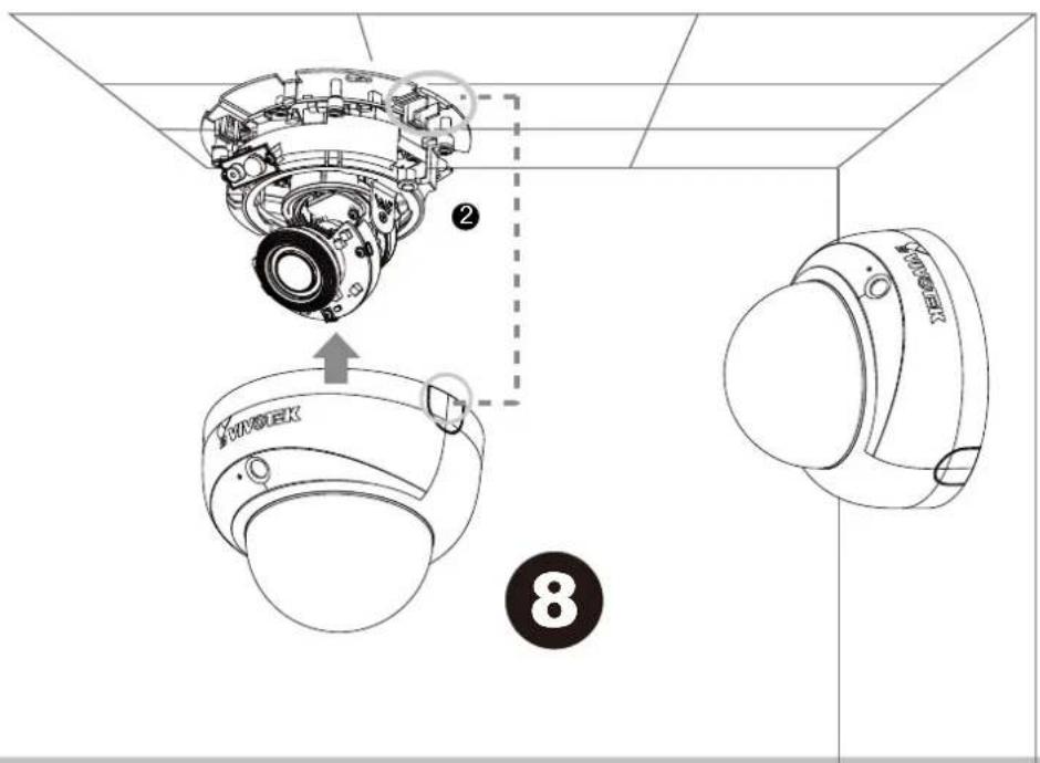 Technical diagram showing assembly of a camera lens with labeled components and numbered parts