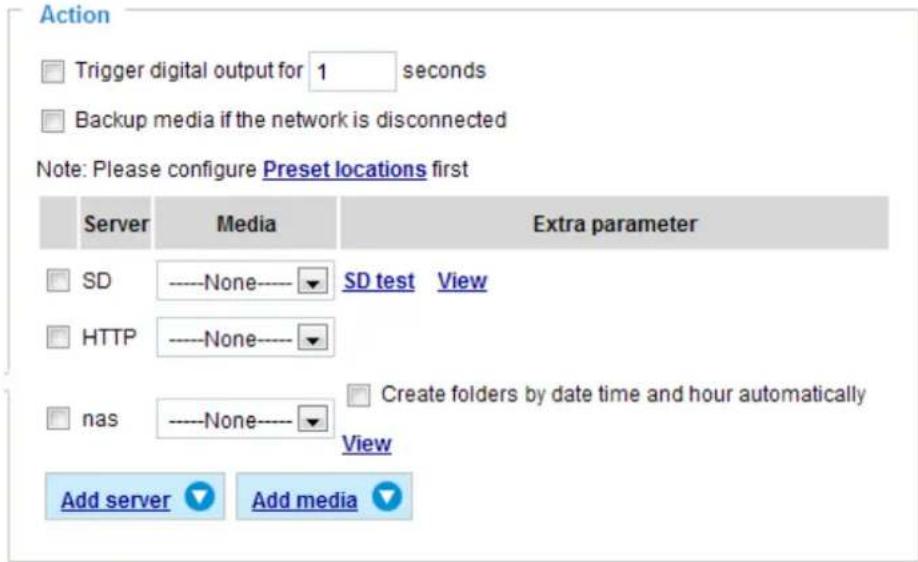Action Trigger digital output for 1 seconds Backup media if the network is disconnected Note: Please configure Preset locations first Server Media Extra parameter SD ----None---- SD test View HTTP ----None---- nas ----None---- Create folders by date time and hour automatically View Add server Add media